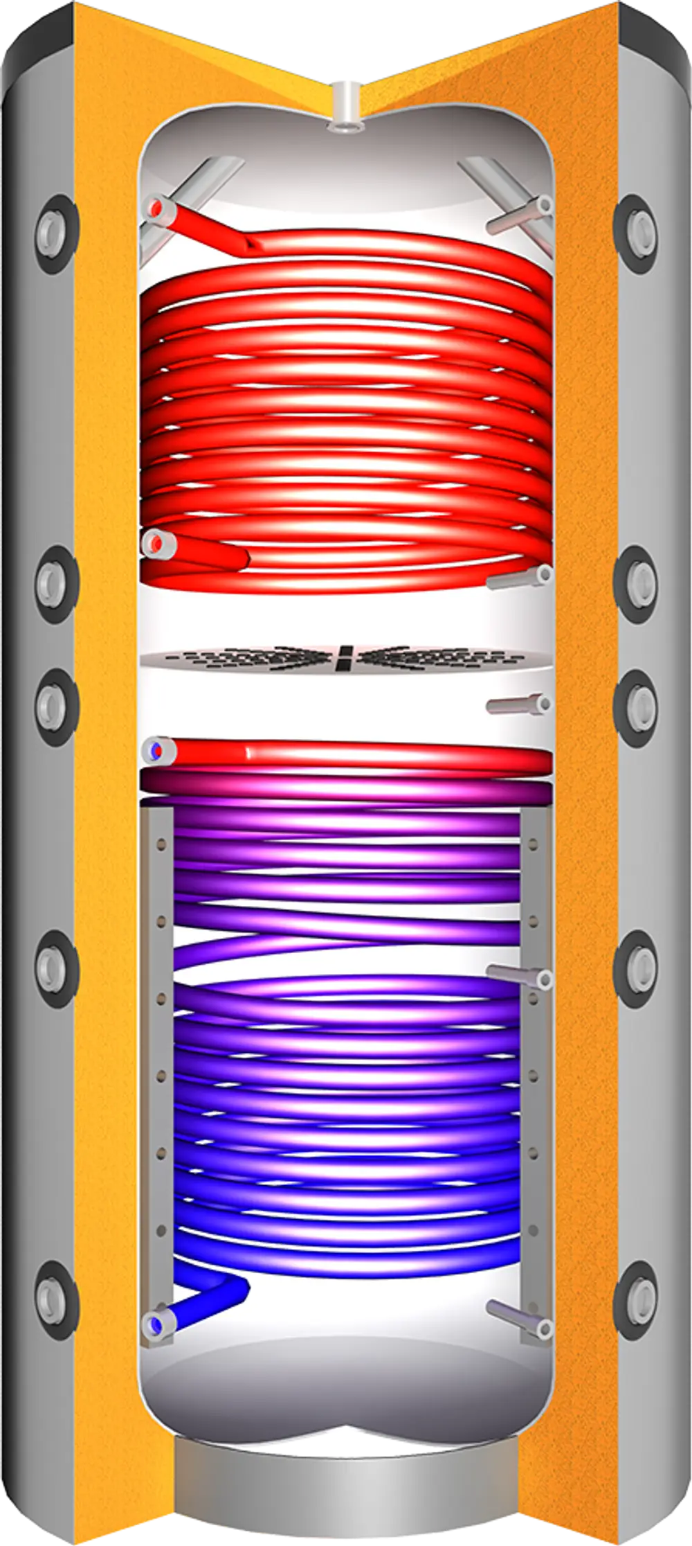 Juratherm Pufferspeicher mit zwei Rohrschlangen in rot und blau, senkrecht angeordnet, für Solar- und Warmwasseranwendungen. Sichtbare Anschlussstellen und Isolierung.